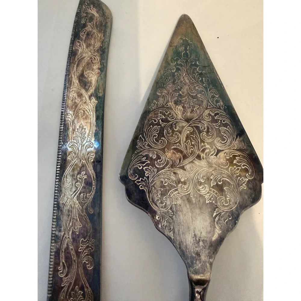 Princess House Silverplated Cake Server Knife Set Italy Floral Engraved Vintage
